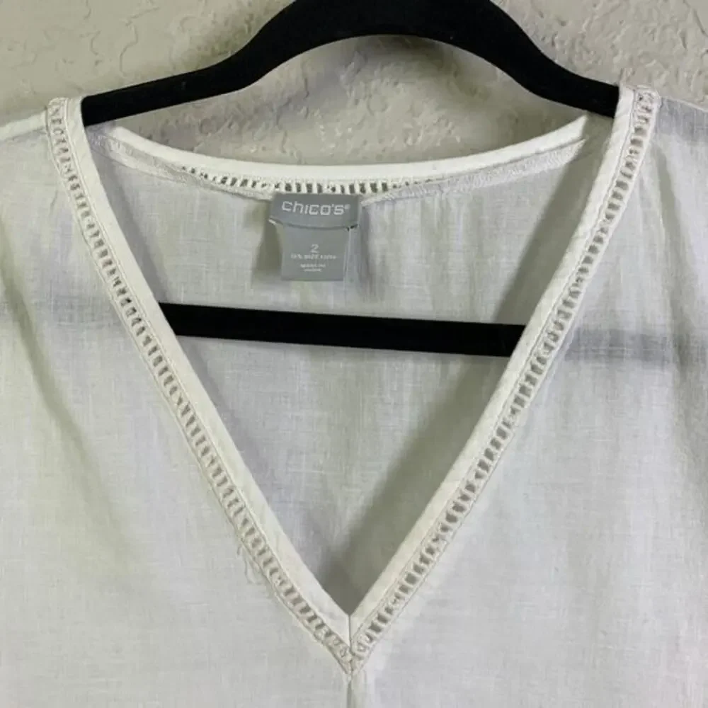 CHICO'S Blouse Embroidered Lace Cutout V-Neck Quarter Sleeve Boho Cottagecore - Picture 5 of 14